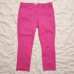 Crown & Ivy High Rise Skinny Crop Jeans Hot Pink Raw Hem Stretch Size 12
